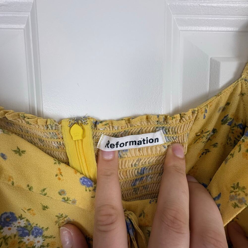 Reformation Lillet Dress Yellow Felicity Floral Puff Sleeves A Line Tie Front 14 - Picture 7 of 11